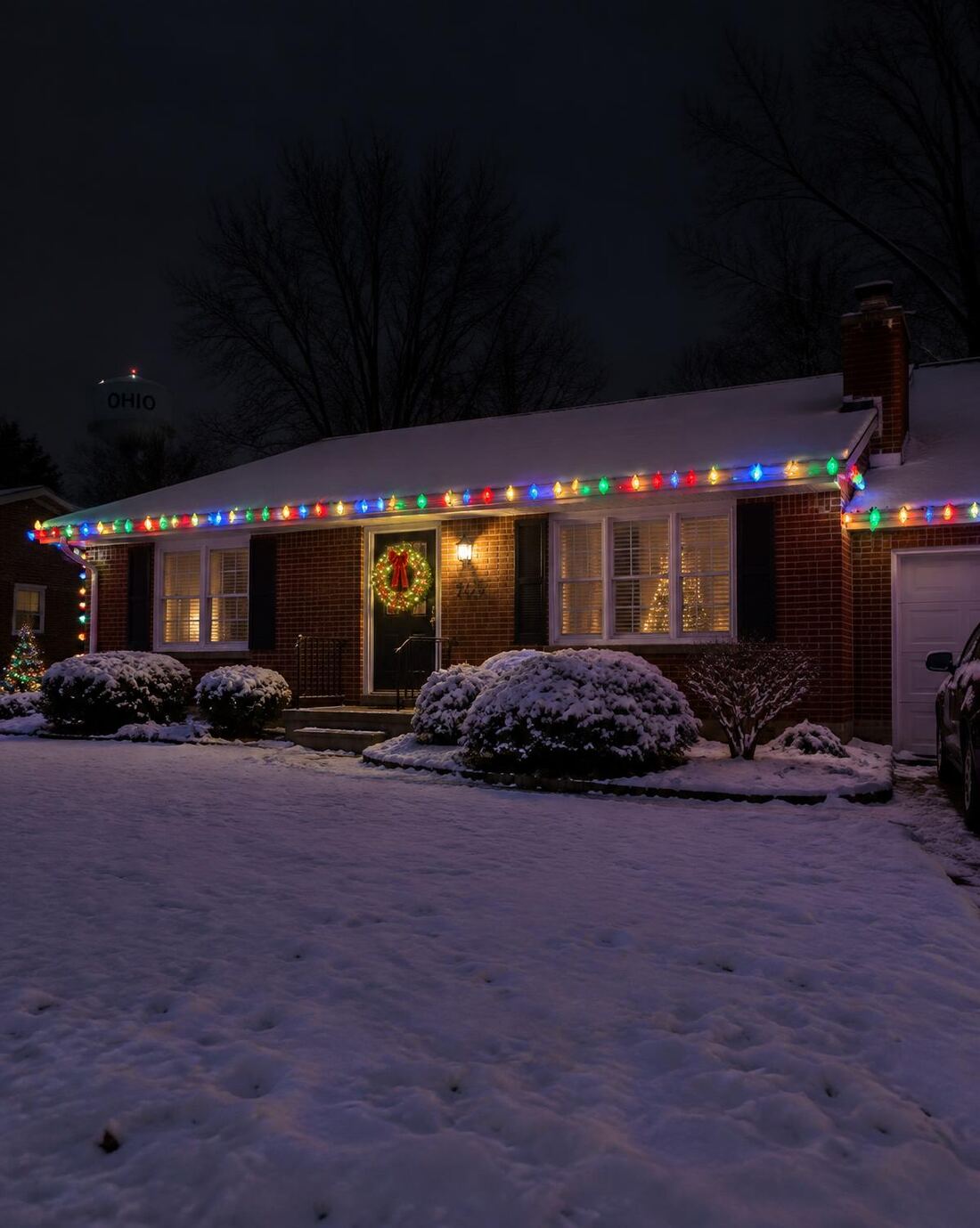 Brick ranch home with multicolor C9 bulbs along the gutter line at night