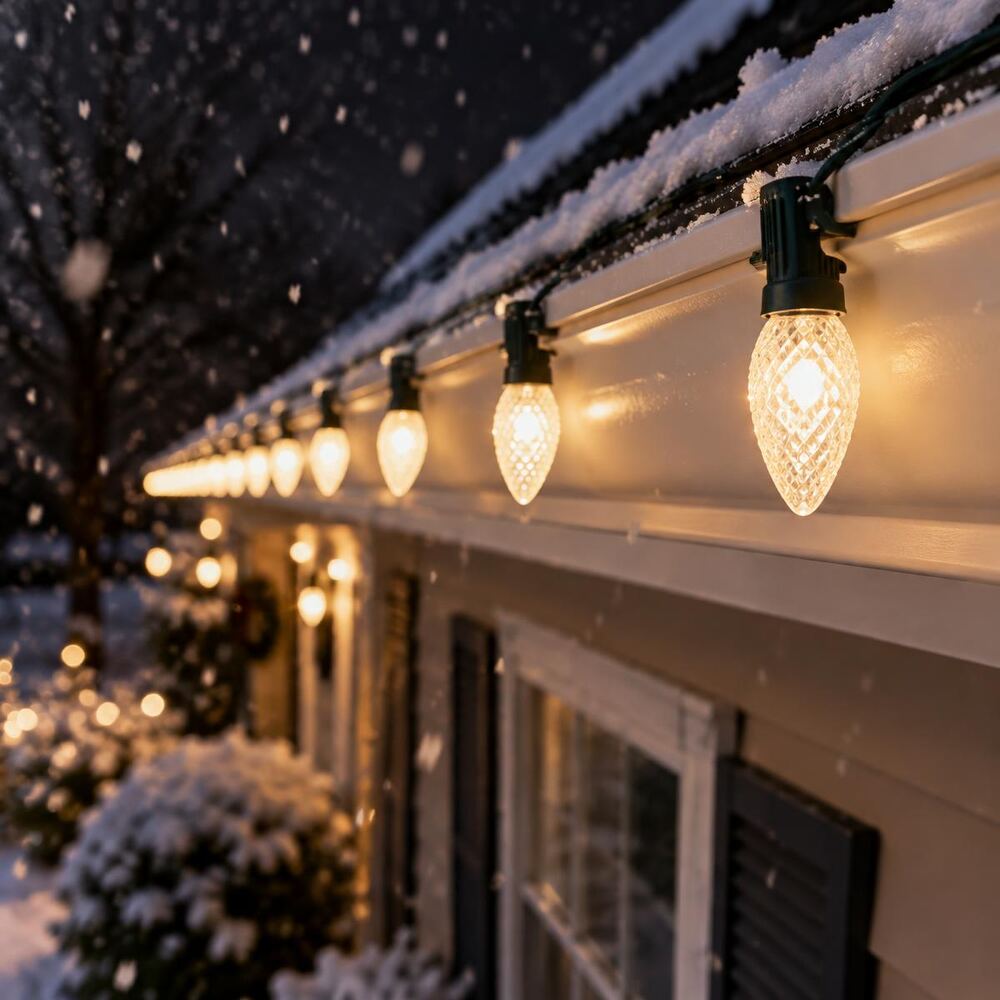 Close-up of warm white C9 bulbs clipped evenly along a white gutter